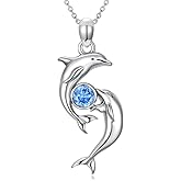 BETHZA Dolphin Necklace for Women 925 Sterling Silver Aquamarine Pandent Necklaces Holiday Christmas Anniversary Valentine's Day Gift for Couple Girlfriend Wife