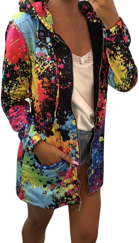 PEIZH Womens Tie Dyed Printed Pocket Hooded Jacket Fashion Tie Dyeing Print Coat Outwear Sweatshirt Hooded Jacket Overcoat