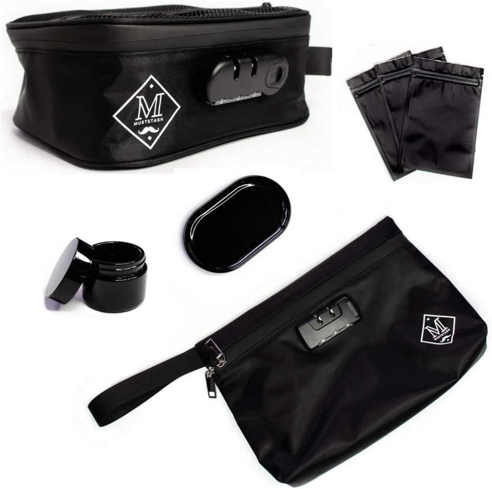 Must Stash Gear - Set of Large and Small Smell Proof Discreet Locking Bags | Includes Metal Rolling Tray, 50 Gram UV Blocking Herb Glass Container & 3 Black Mylar Bags | Large Locking Bag Holds 3 Oz