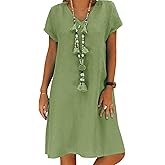 AUDATE Women's Green Cotton Linen Knee-Length Summer Beach Dress with Pockets