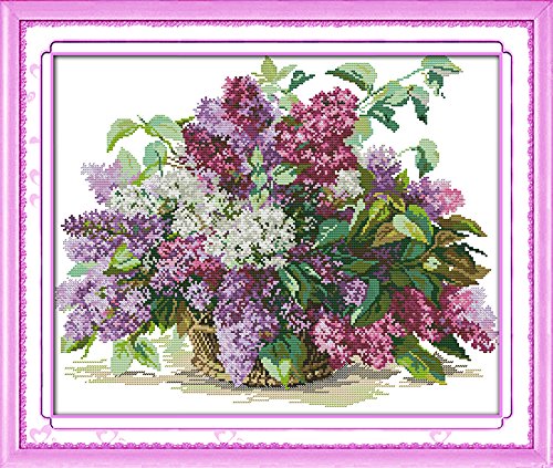 Cross Stitch Embroidery Starter Kit including 14 Count 18"x16" classic reserve Aida colored threads and tools lilac (No Frame)