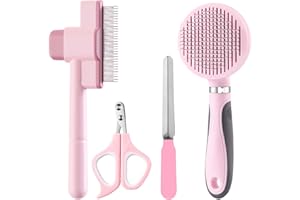 HCHYEY Cat Grooming Kit, 4-in-1 Cat Grooming Tools with Cats Brush, Flea Comb, Nail Clipper & Trimmer - Deshedding & Dematting for Pets Hair and Paws, Pet Shedding Set for Indoor Dogs & Cats (Pink)