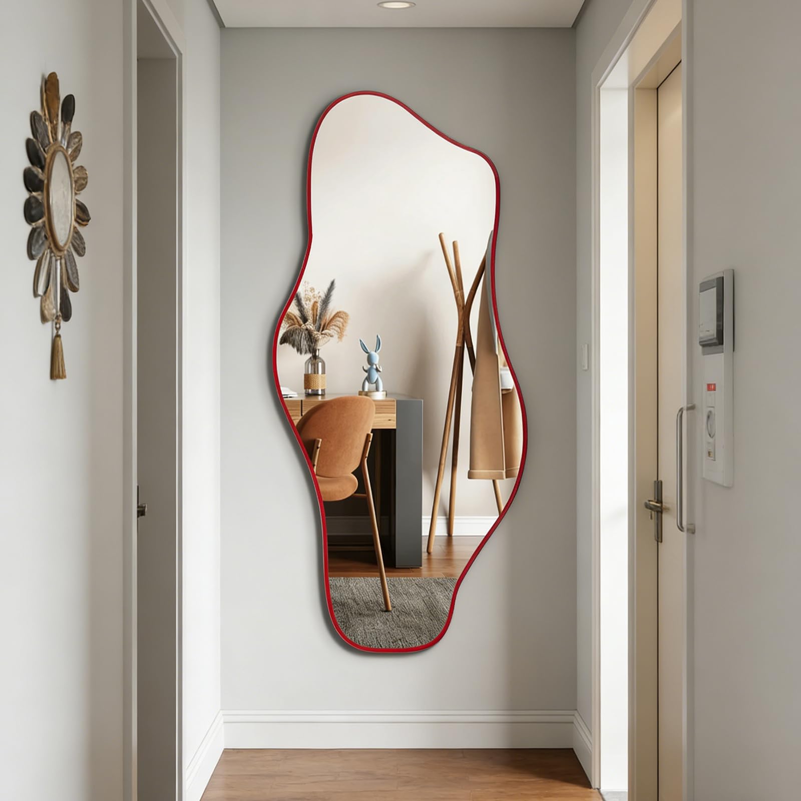 Photo 1 of Large Irregular Mirror, 63"x30" Asymmetrical Tempered Glass Mirror, Red Frameless Wall Mirrors for Dressing, Modern Abstract Full Length Mirrors for Living Room Bathroom Bedroom Hallway Entryway