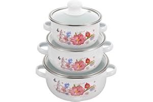 Beavorty 3pcs Enamel Mini Stockpots with Lid Double-Handle Cooking Pots Vintage Flower Pattern Portable Soup