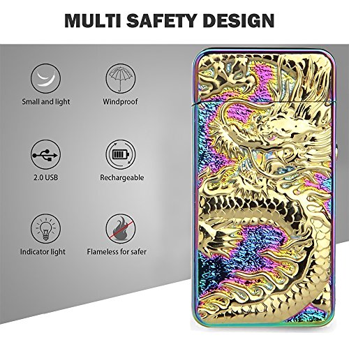 Pard Relief Dragon Windproof Cross Arc Lighter, USB Rechargeable Flameless Electronic Pulse Arc Cigarette Lighter, Mix Color