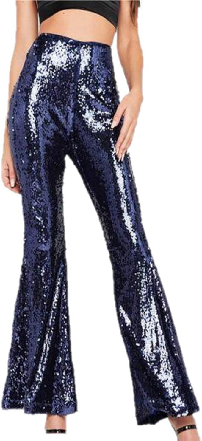 Pantalón Campana De Polipiel Metalizada Talle Alto - Leggings Flare Disco Años 70 Con Cintura Elástica Para Fiestas Y Carnaval