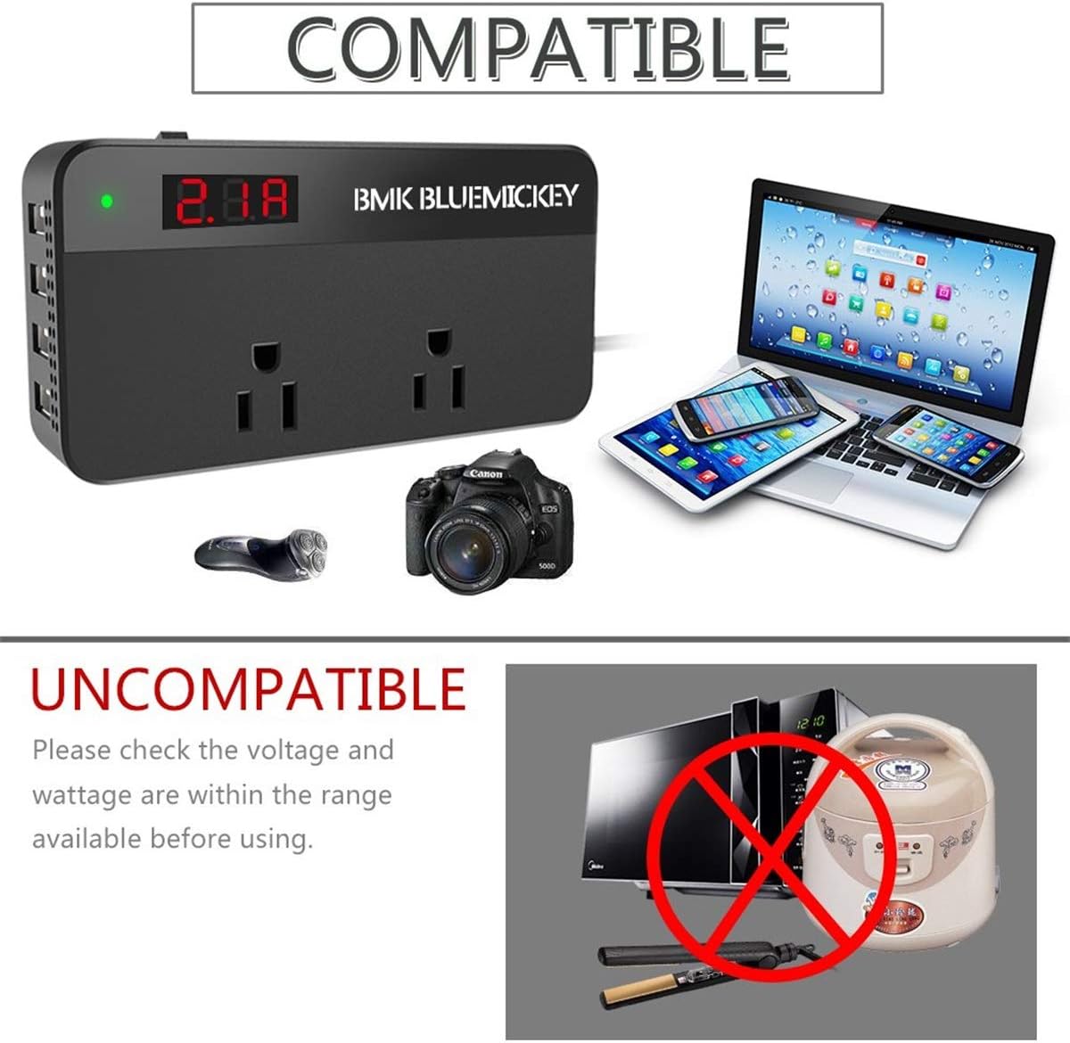 BMK 200W Car Power Inverter DC 12V to 110V AC Car Inverter 4 USB Ports Charger Adapter Car Plug Converter with Switch and Current LCD Screen: Car Electronics