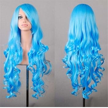 Amazon Com 31 5 80cm Women Long Curly Blue Color Hair Cosplay