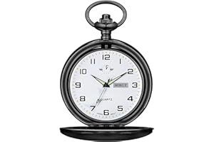 BOSHIYA Smooth Quartz Pocket Watches for Men Classic Arabic Digital Luminous Dial & Day Date Pocket Watch with Chain Christmas Graduation Birthday Gifts