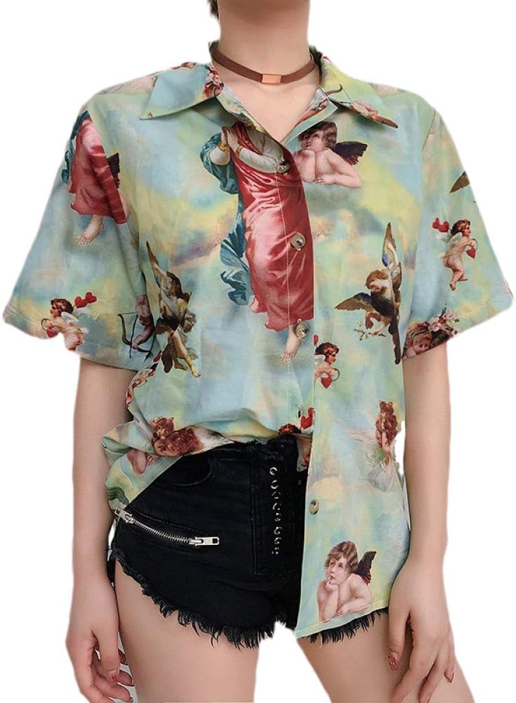 Vintage Angel Print Women Lapel Shirt Short Sleeve Causal Girl Blouses T-Shirts Tops