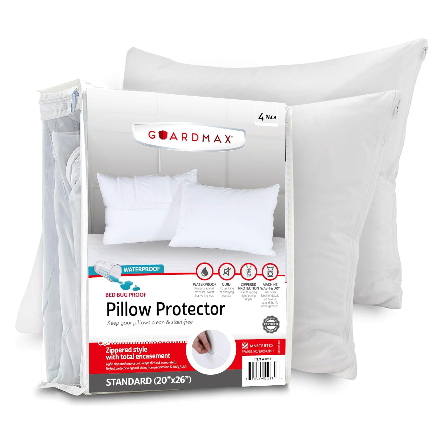 Guardmax Waterproof Pillow Protectors Standard Bed Bug Proof | Hypoallergenic Zippered Encasement Covers | Set of 4 Standard Size (20"x26")