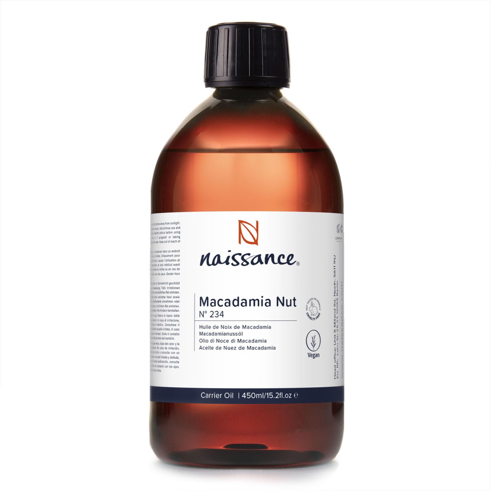 Naissance Macadamia Nut Oil (No. 234) - 450ml - Natural, Refined, Moisturiser - for Hair, Skin, Face, Body, DIY Beauty and Massage Blends