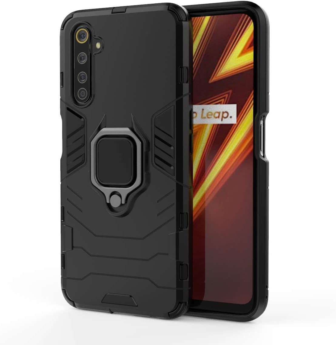 TANYO Phone Case Compatible with OPPO Realme 6 / Realme 6S, TPU+PC Dual Layer Hybrid Protective Cover, Rugged Heavy Duty Armor Shockproof Shell [Magnetic 360° Rotate Car Mount Ring Kickstand] Black
