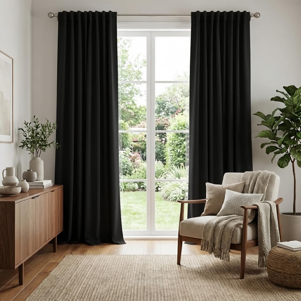 RYB HOME Blackout Curtains for Living Room, Privacy Thermal Insulating Window Treatment Drapes for Bedroom Dining Home Office Basement, W 52 x L 95 inches, Black, 2 Panels Image