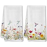 Gououoii 2PCS Flower Hummingbird Kitchen Towels Dish Towels - Seasonal Spring Summer Wild Floral Holiday Decoration Hand Towels 16×24 Inches