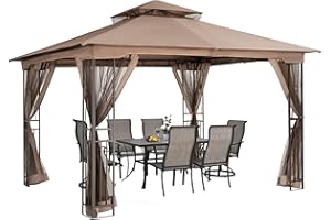 HAPPATIO 10' X 12' Patio Gazebo with Ventilation Double Roof，Outdoor Gazebo with Mosquito Netting for Lawn, Garden (Light Brown)