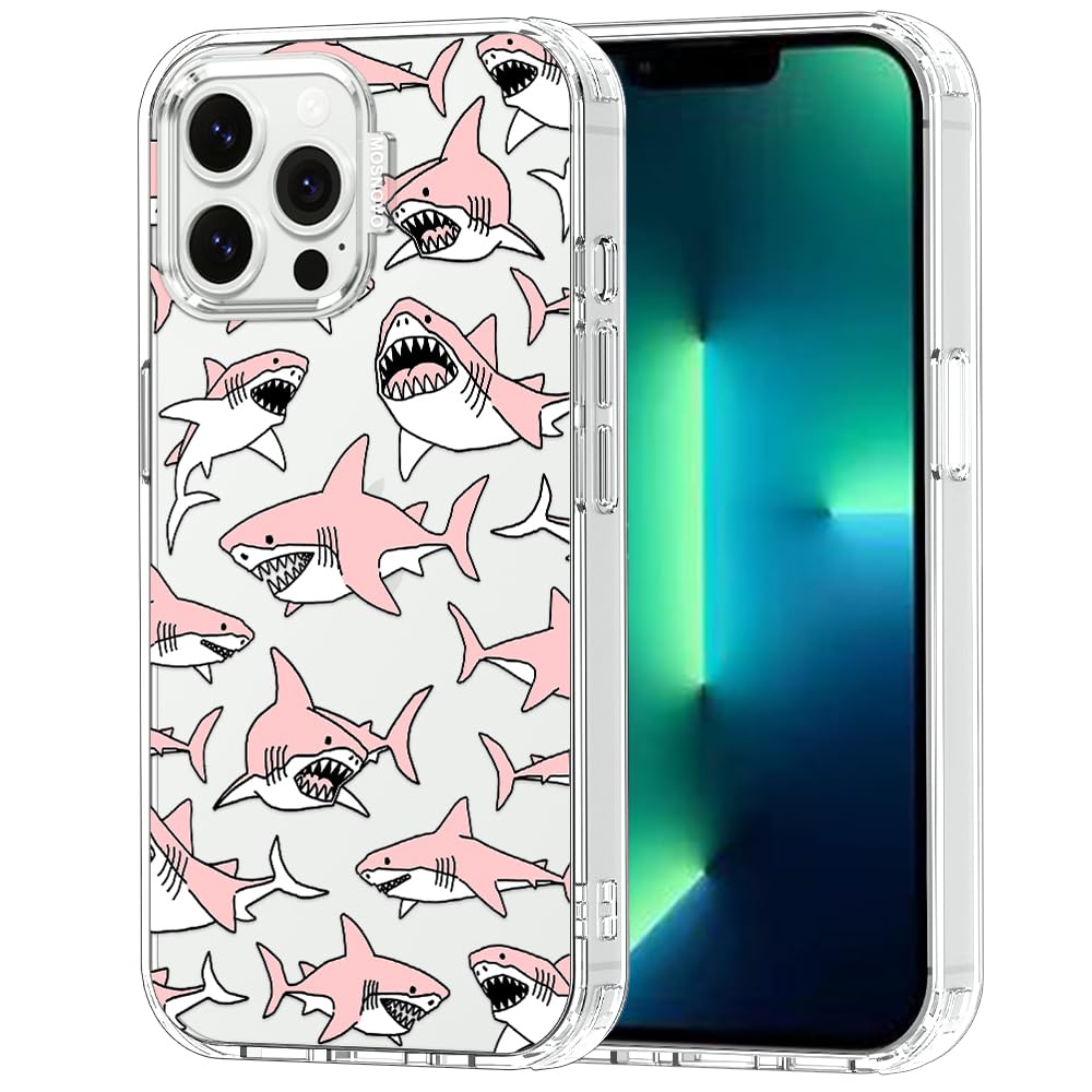 MOSNOVO Case for iPhone 13 Pro Max, [Buffertech 6.6ft Military-Grade Drop Protection] [Anti Peel Off Tech] Clear TPU Bumper Phone Case Cover Design - Pink Sharks