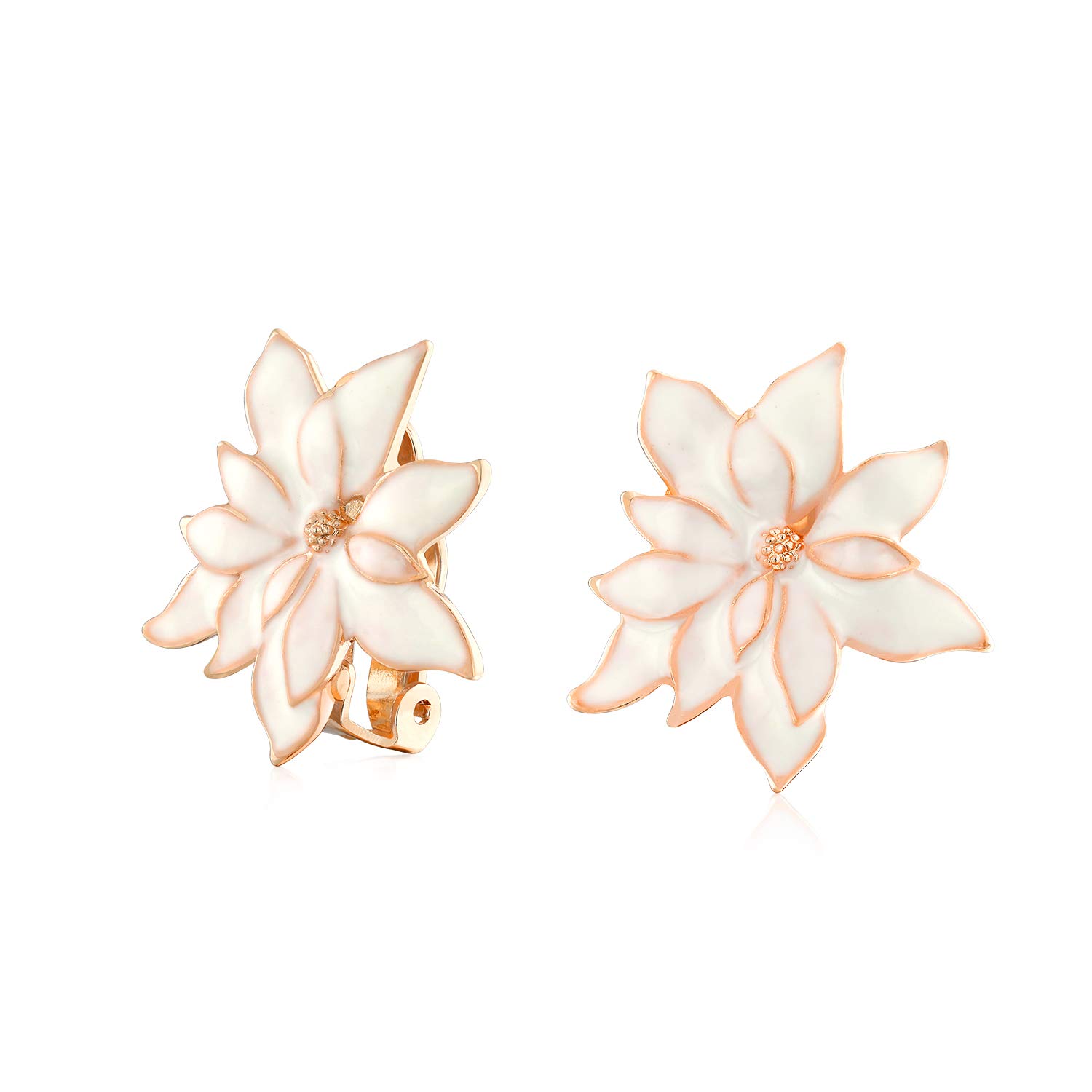 Christmas Party White Enamel Statement Flower Shape Poinsettia Clip On Earrings for Women with Non-Pierced Ears - Rose Gold Plated Edge