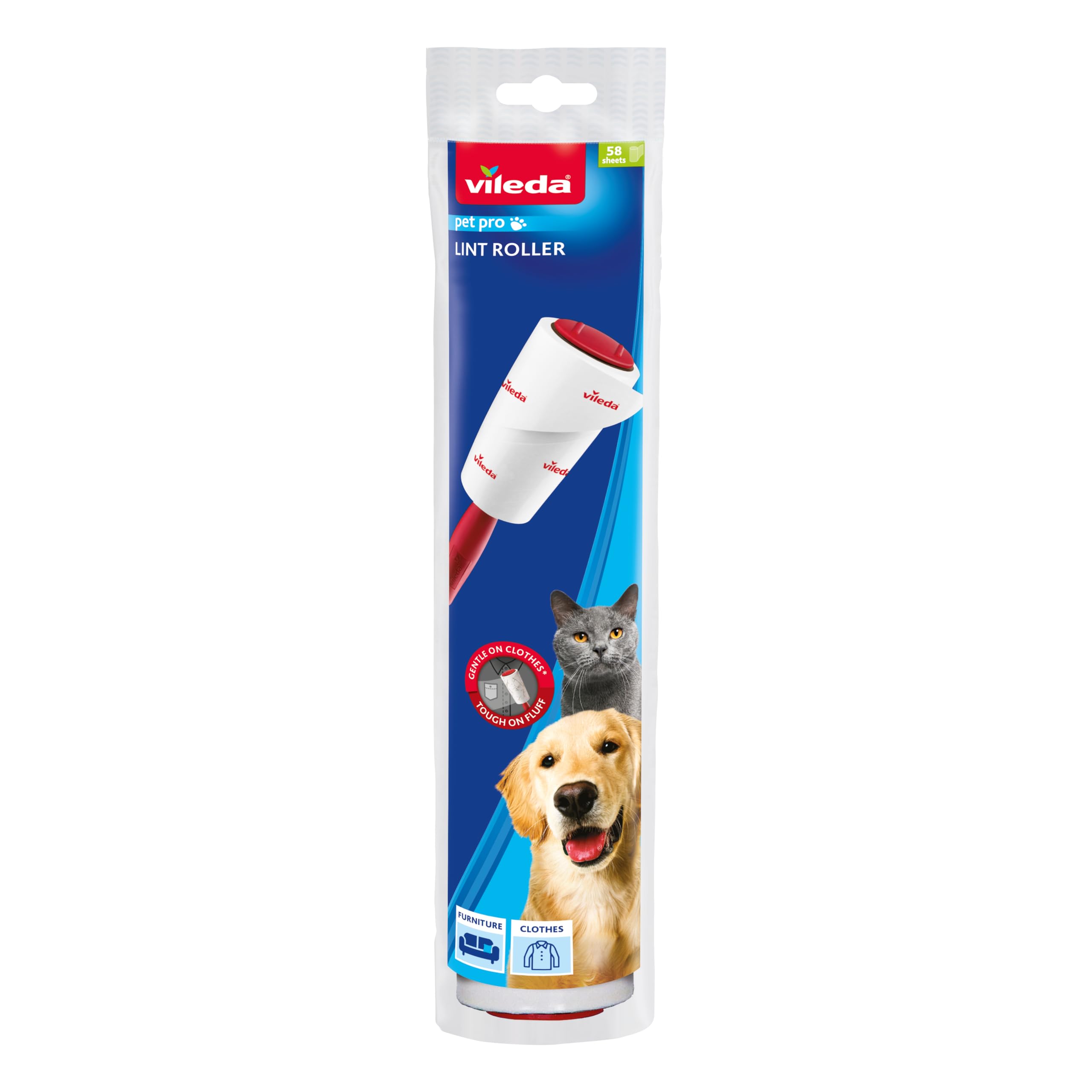 Vileda - Lint Roller Brush/Sticky Adhesive/Pet Hair Remover - 58 Sheets per Roll - Red Handle