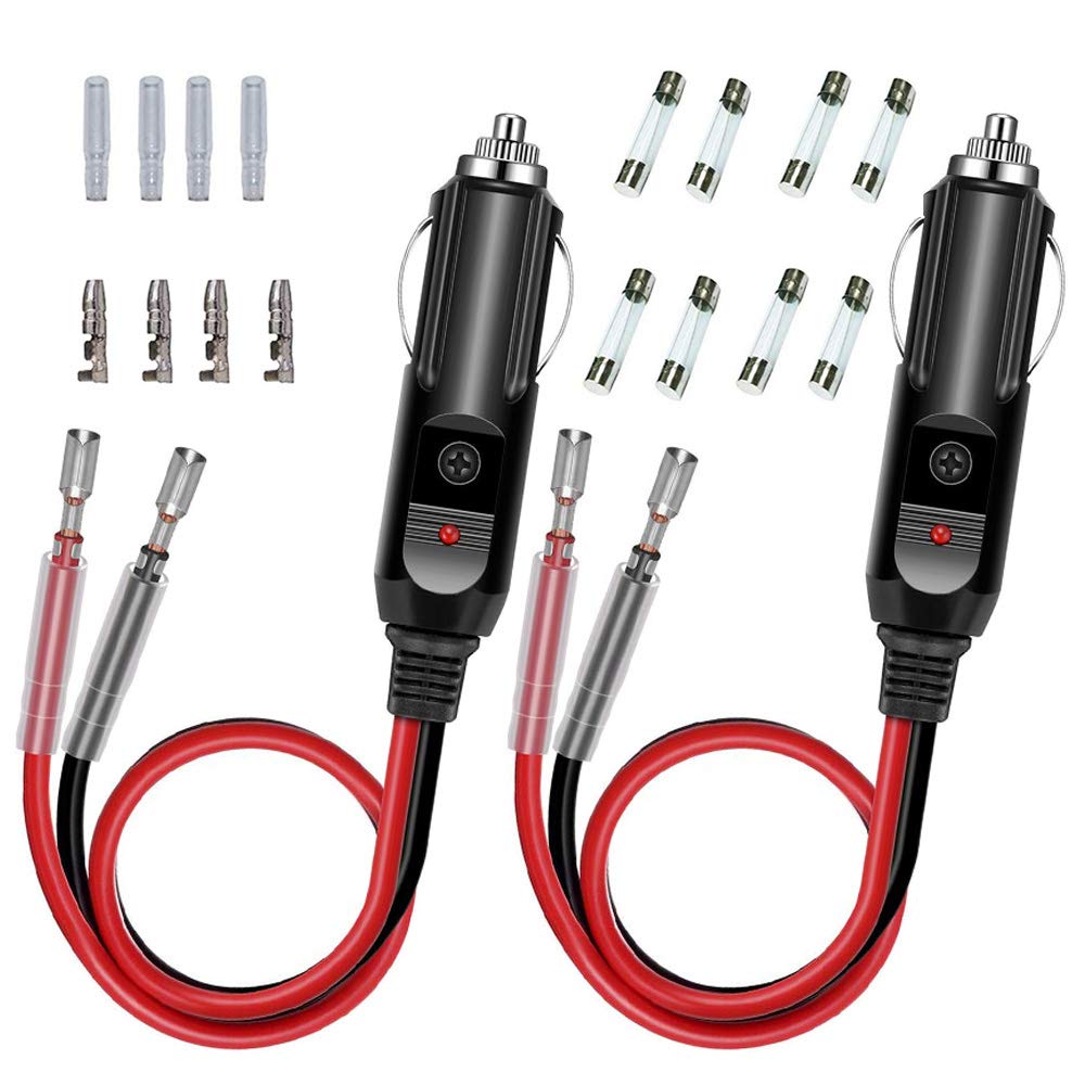 GTIWUNG 2 Pack Car Replacement 12V Cigarette Lighter Male Plug with Leads, 15A Fuse Protection with LED Light, Cigar Female Socket Plug Extension Cable for Motorcycle, Car, Tractor