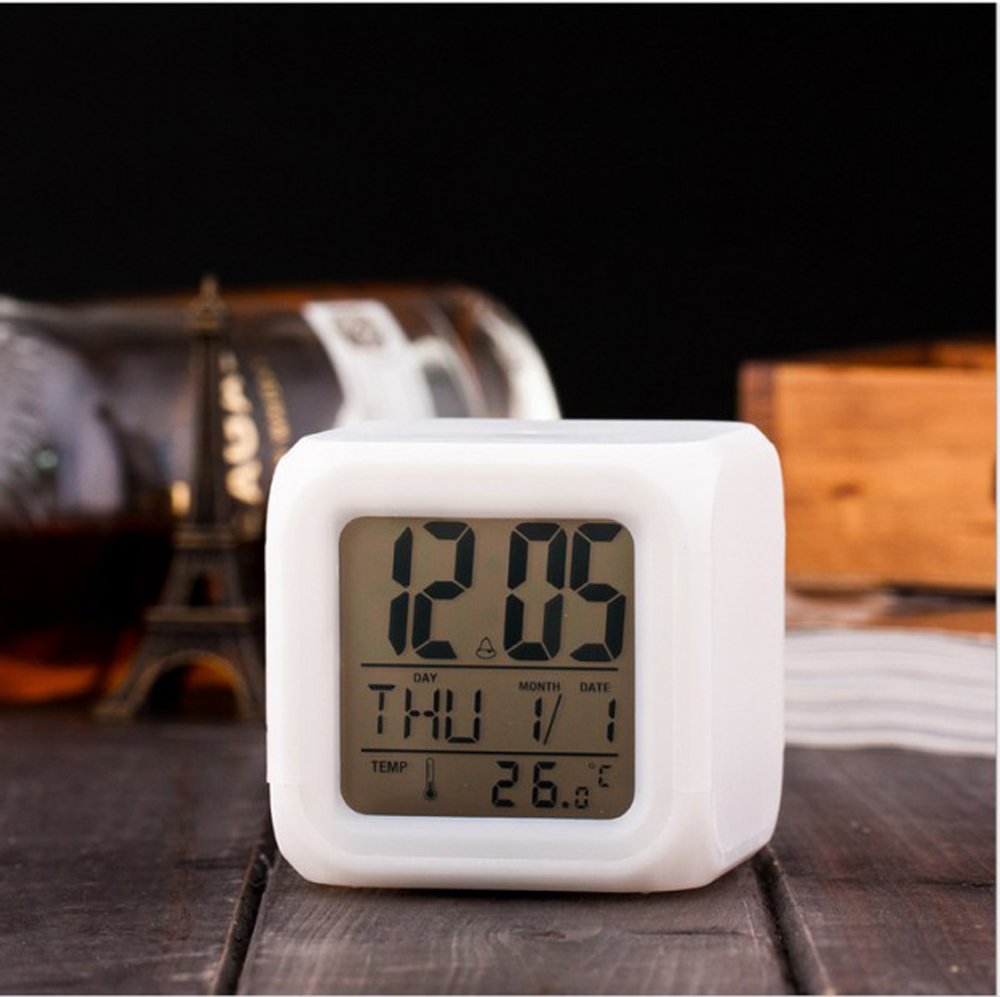 Zinnor Digital Alarm Thermometer Night Glowing Cube 7 Colors Clock Change LCD LED Changing Digital Alarm with Snooze,Music and Large Display-White