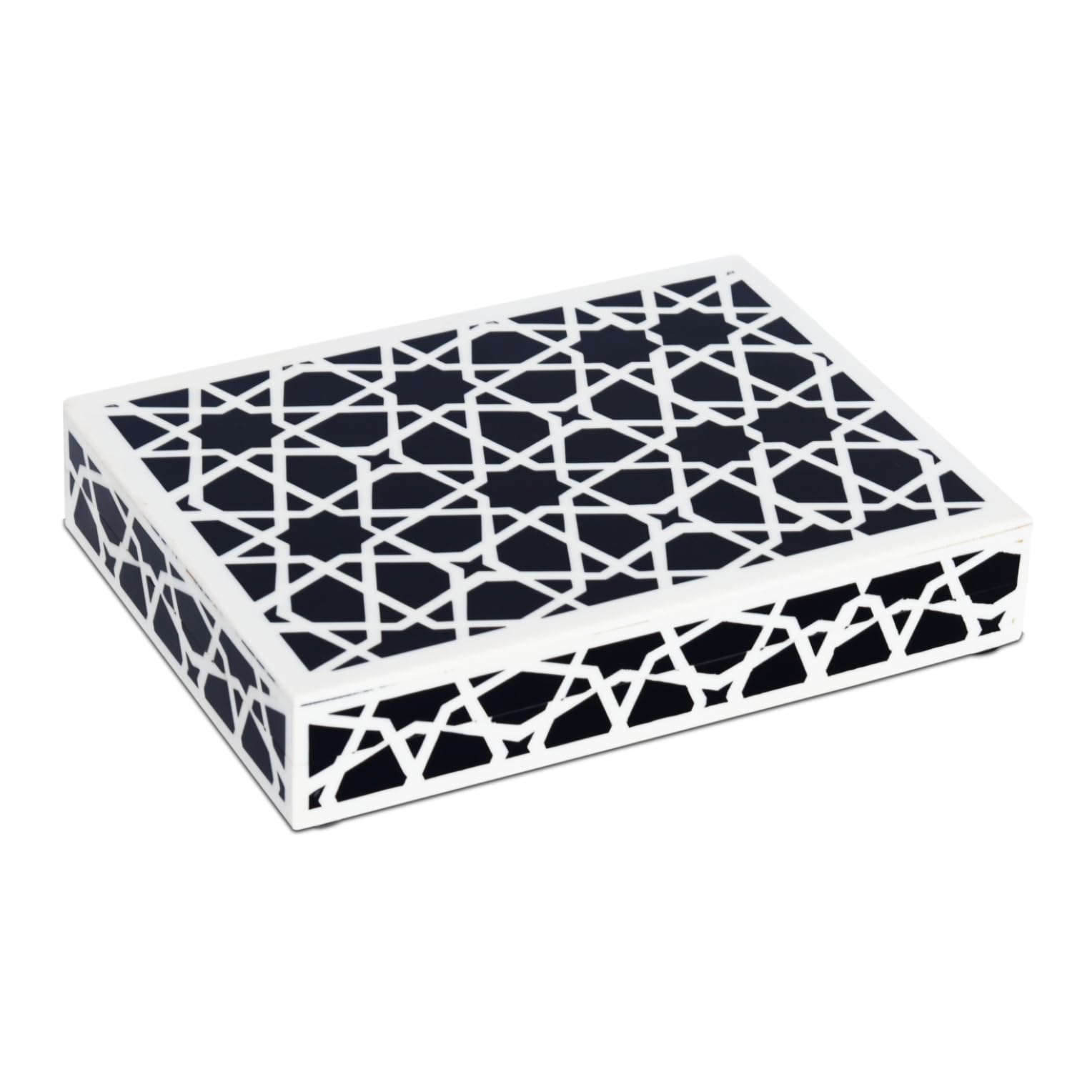 Handicrafts Home Decorative Storage Box with Lid, Black and White Moroccan Zellij Decorative Remote Control Box, Slim Coffee Table Storage Box for Shelf, Desk & Living Room Decor, Zellij 8 x 6 x 1.5