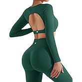 SUUKSESS 2 Piece Workout Sets for Women Long Sleeve Gym Sets Woman Butt Lifting Leggings Open Back Crop Tops