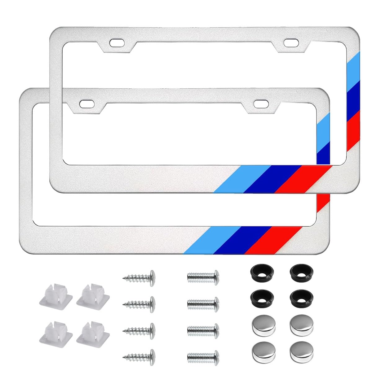 Photo 1 of 2Pcs Silver Tri-Color License Plate Frames fit for BMW, Tri Color Stripes License Tag Plate Bracket Holder Universal Fit for Cars, Trucks and SUVs (Silver)
