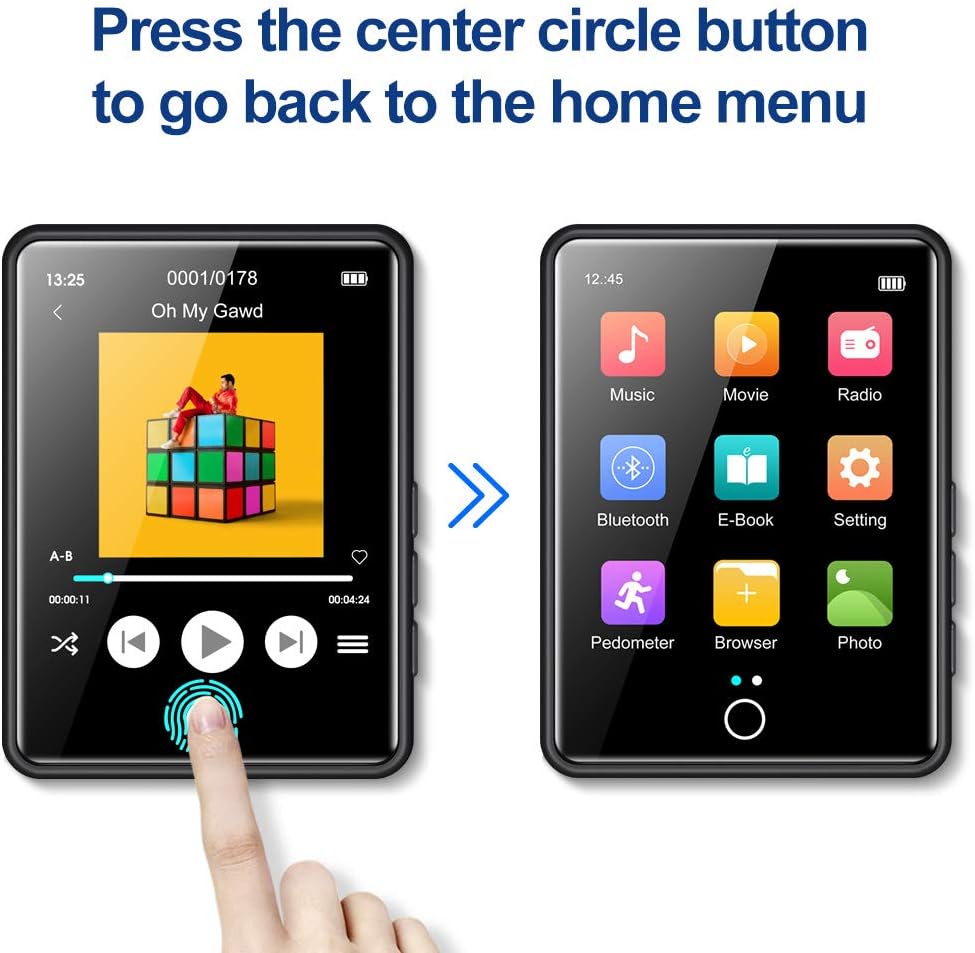 RUIZU Mp3 Player with Bluetooth 5.0, 16GB Music Player with FM Radio, Built-in Speaker, Touch Screen HiFi Sound Bluetooth Mp3 Player, Voice Recorder, E-Book, Supports up to 128 GB Micro SD Card Black: Home Audio & Theater