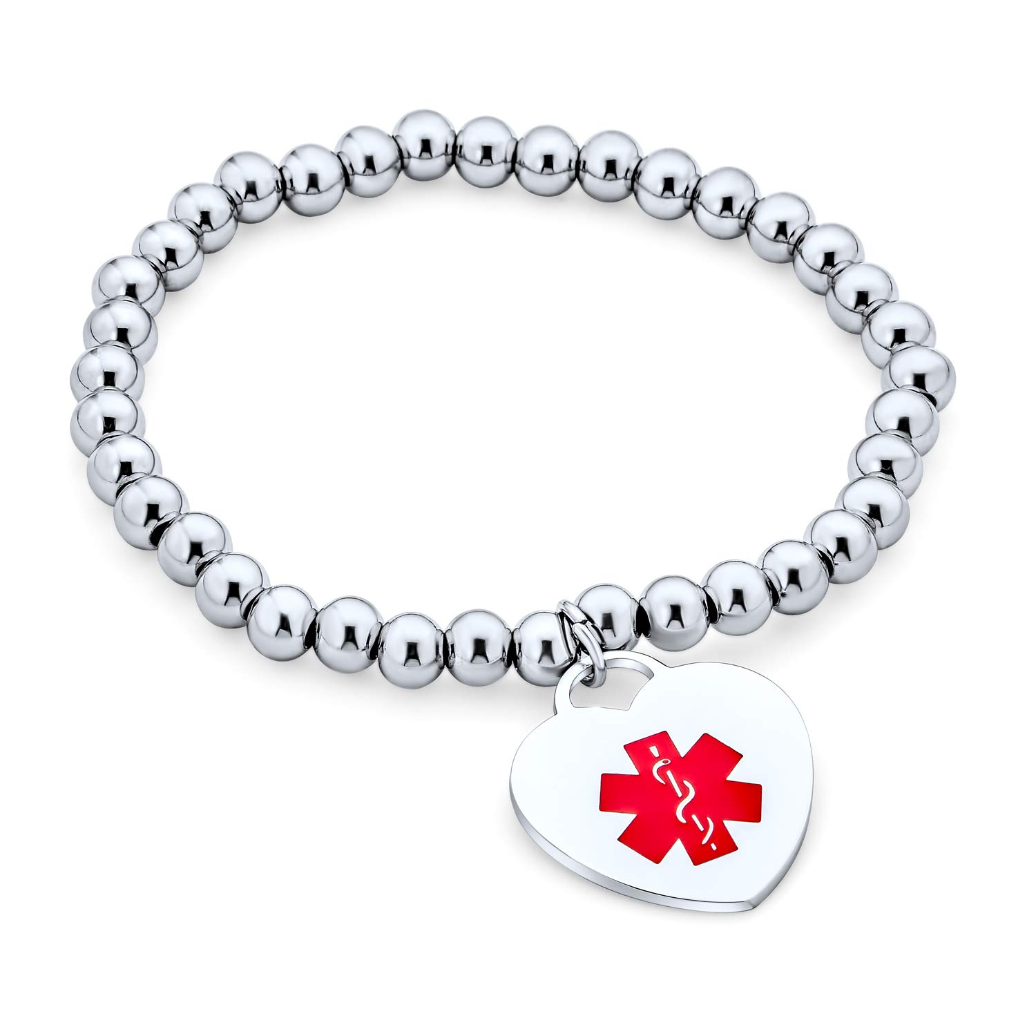 Bling Jewelry Blank Medical ID Stretch Bead Bracelet Heart Shape Charm Tag Engravable For Women Teen Silver Tone Stainless Steel