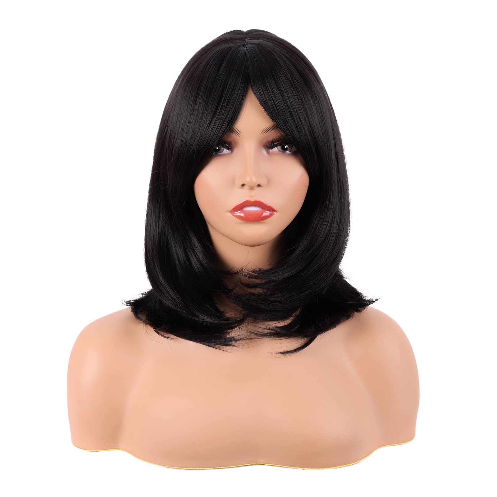 MapofBeauty 18 Inch/45 cm Layered Bangs Straight Synthetic Fiber Shoulder Length Hair Daily Use Wig (Black)