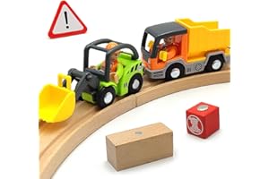 DSHMIXIA Wooden Train Cars Track Accessories Set Digger and Dump Truck Small Vehicles Magnetic Train Cars Fit for Wooden Train Track Railway for Boys and Girls (Construction Set)