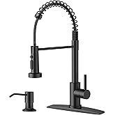 FORIOUS Black Kitchen Faucet with Soap Dispenser, Stainless Steel Kitchen Sink Faucet with Pull Down Sprayer Single Handle Modern Spring Commercial for Laundry Utility Room RV Camp Bar Farmhouse