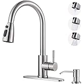 WOWOW Kitchen Faucet with Soap Dispenser: 304 Stainless Steel Kitchen Sink Faucet with Pull Down Sprayer 3 Modes, Single Handle High Arc Mixer Taps for Sink, RV, Laundry, Bar (Brushed Nickel)