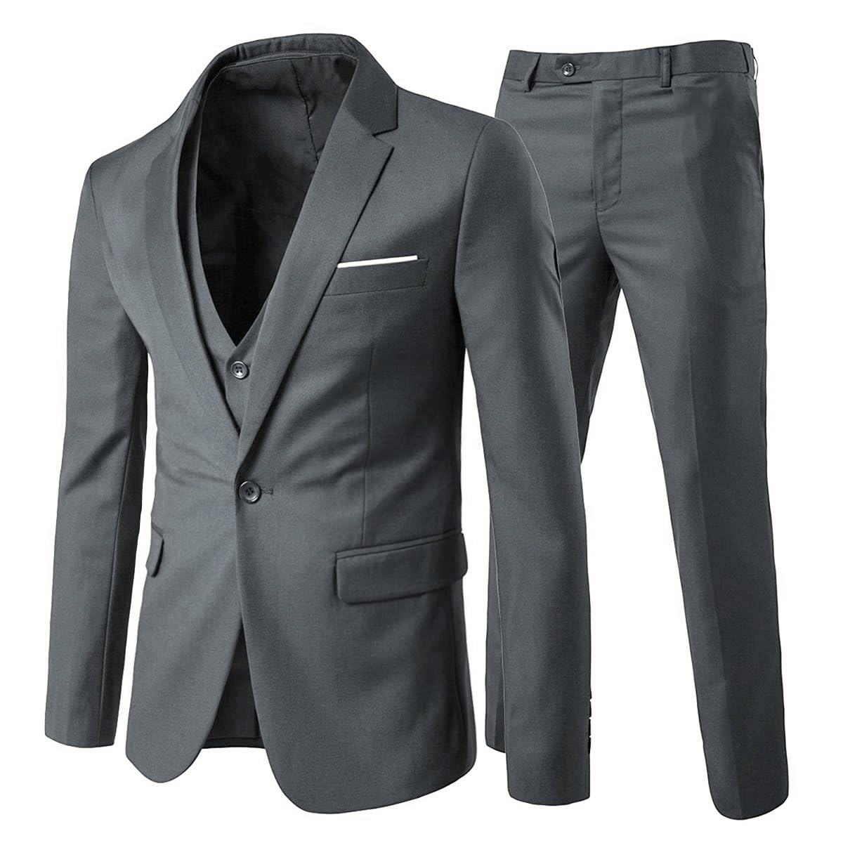 Cloudstyle Mens Slim Fit Business Suit 3 Piece One Button Wedding Formal Wear, Grey, X-Small-36