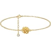 MYEARS Birth Flower Bracelets for Women Gold Sideways Charm 12 Months 14K Simple Dainty Chain Floral Jewelry Gift