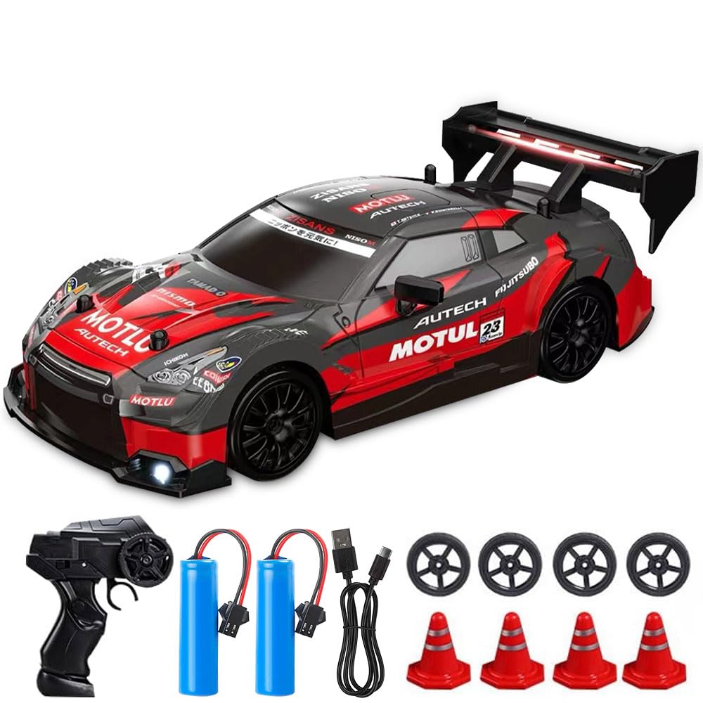 KUWUNG RC Drift Car, 1:24 Remote Control Cars with Cool LED Lighting, 2.4 GHz Rechargeable Mini RC Drift Car, 30km/h, 4WD Toy Vehicle Gift for Kids and Adults (Red)