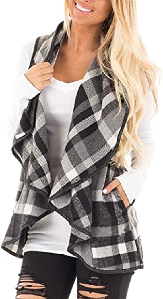 UnidearWomens buffalo Plaid Vest Casual Lapel Open Front Sleeveless Cardigan Jacket Coat with Pockets