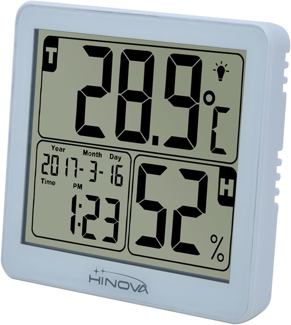BuySevenSide LCD Display Digital Indoor Thermometer and Humidity Monitor with Vibrate Backlight,Time and Alarm, Black and White (White)