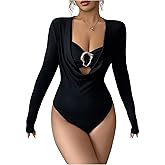 GORGLITTER Women's Old Money Bodysuit Metal Cut Out Draped Long Sleeve Going Out Body Suits