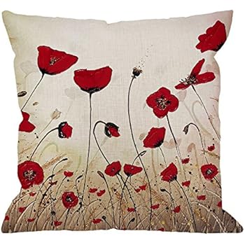 HGOD DESIGNS Beautiful Flower Poppy Pillow Case,Red Flower Cotton Linen Cushion Cover Square Standard Home Decorative for Men/Women 18x18 inch Red Brown