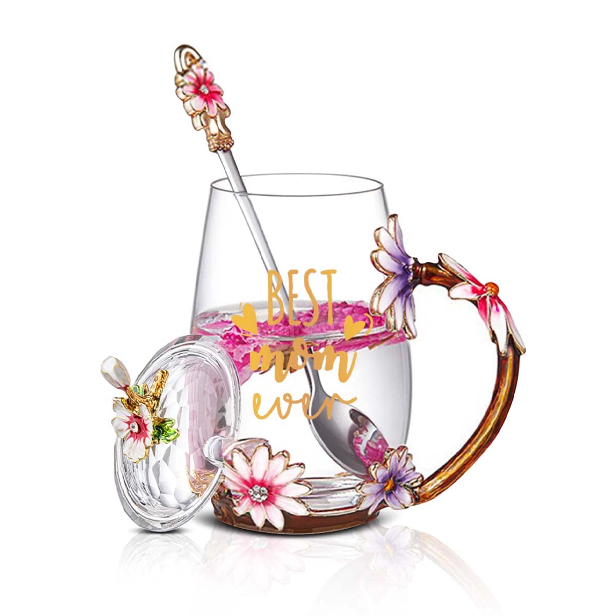 Luka Tech Mothers Day Gifts for Mum,Best Mum Ever Gift, Flower Glass Coffee Mugs Tea Cup with Spoon and Lids,Birthday Gifts for Mama Grandma Mothers Day