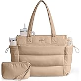 LOVEVOOK Tote Bag for Women with Giant Tumbler Holder Pocket, Puffer Work Travel Laptop Handbag with Zipper for Nurse Teacher