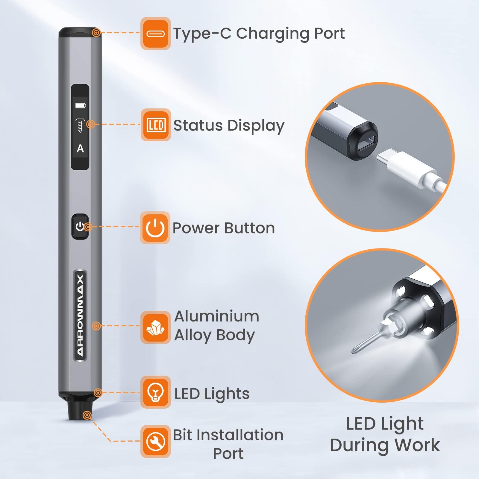 AM ARROWMAX Electric Screwdriver, Cordless Precision Screwdriver Set with 34 Magnetic Precision Bits, Smart Motion Control, IF Winning Design Tool Kit for Electronics Laptop Glasses (SES PRO) Grey