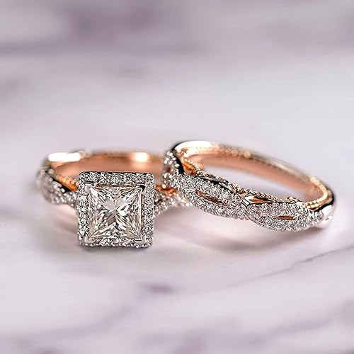 Engagement rings for couples set,3 pc His and Her Wedding Ring Set,  Hypoallergenic Rose Gold Ring Set, Cubic Z