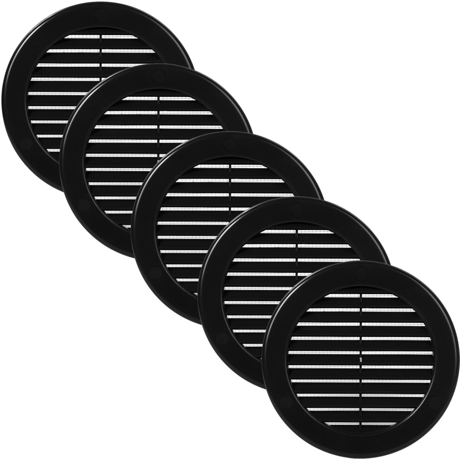 Vent Systems 100 mm / 4" Inch (Opening Dimensions) - Pack of 5 - Black Soffit Vent Cover - Plastic Round Air Vent Grille - Built-in Mesh Screen - HVAC Register Louver for Bathroom, Home, Kitchen