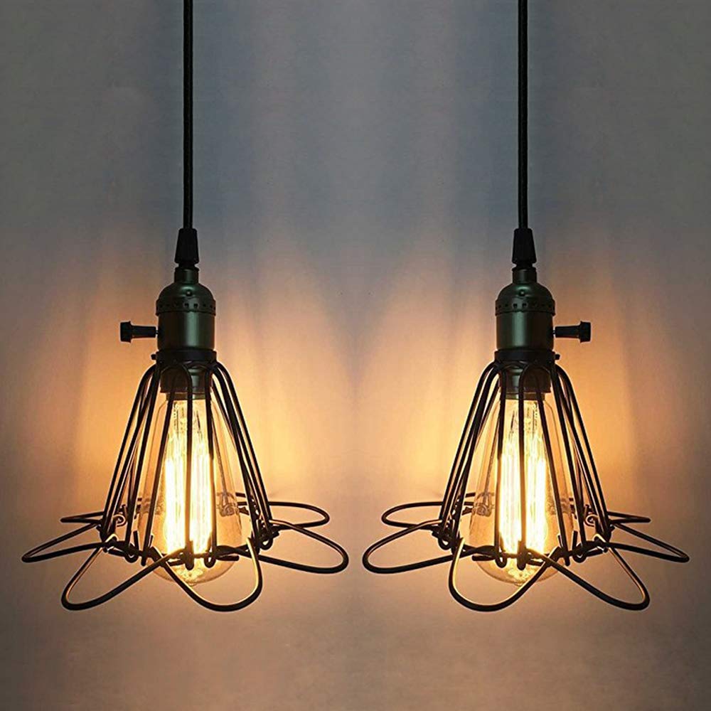 Industrial Retro Edison Hanging Lights Pendant Lamp Ceiling Light Fixture Chandelier with Adjustable Metal Cage Lamp Shade (2-Pack, Black)