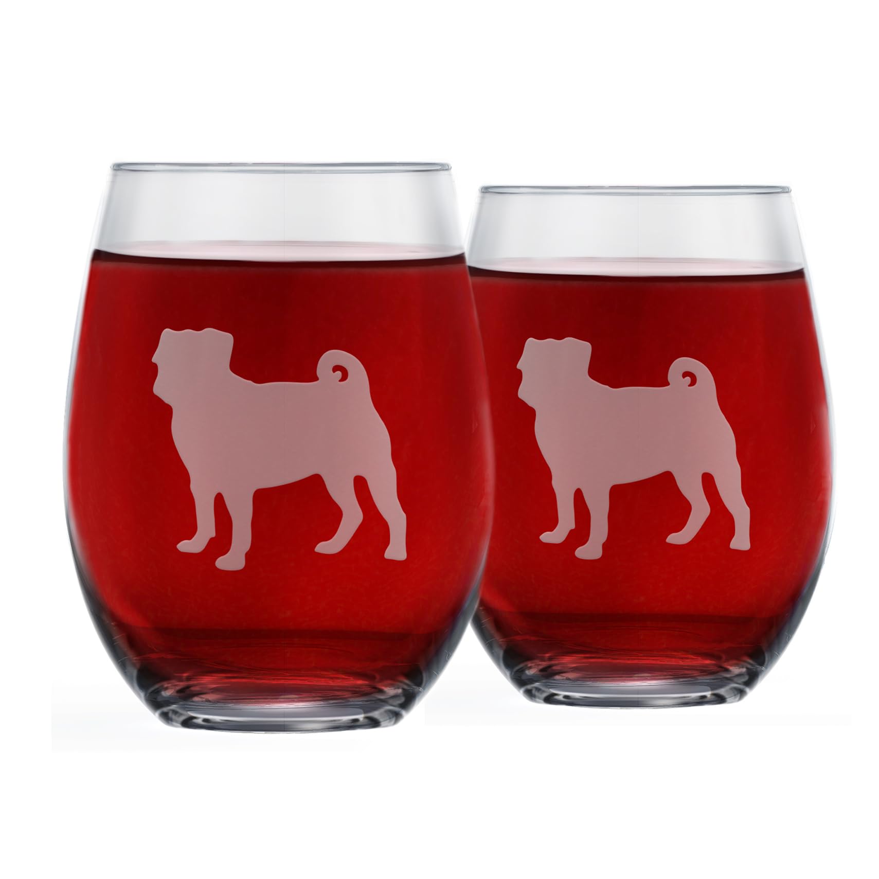 Greenline Goods Pug Stemless Wine Glasses (Set of 2) | Unique Gift for Dog Lovers | Hand Etched with Breed Name on Bottom