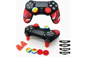 ASOKEX Silicone Skin Cover for Ps4 Slim/Pro DualShock Controller(1pc Anti-Slip Case, 1 Pair L2 R2 Trigger Extender, 4pcs Thumb Grips,4pcs LED Light Bar Protector Decal)(Double Red granular)