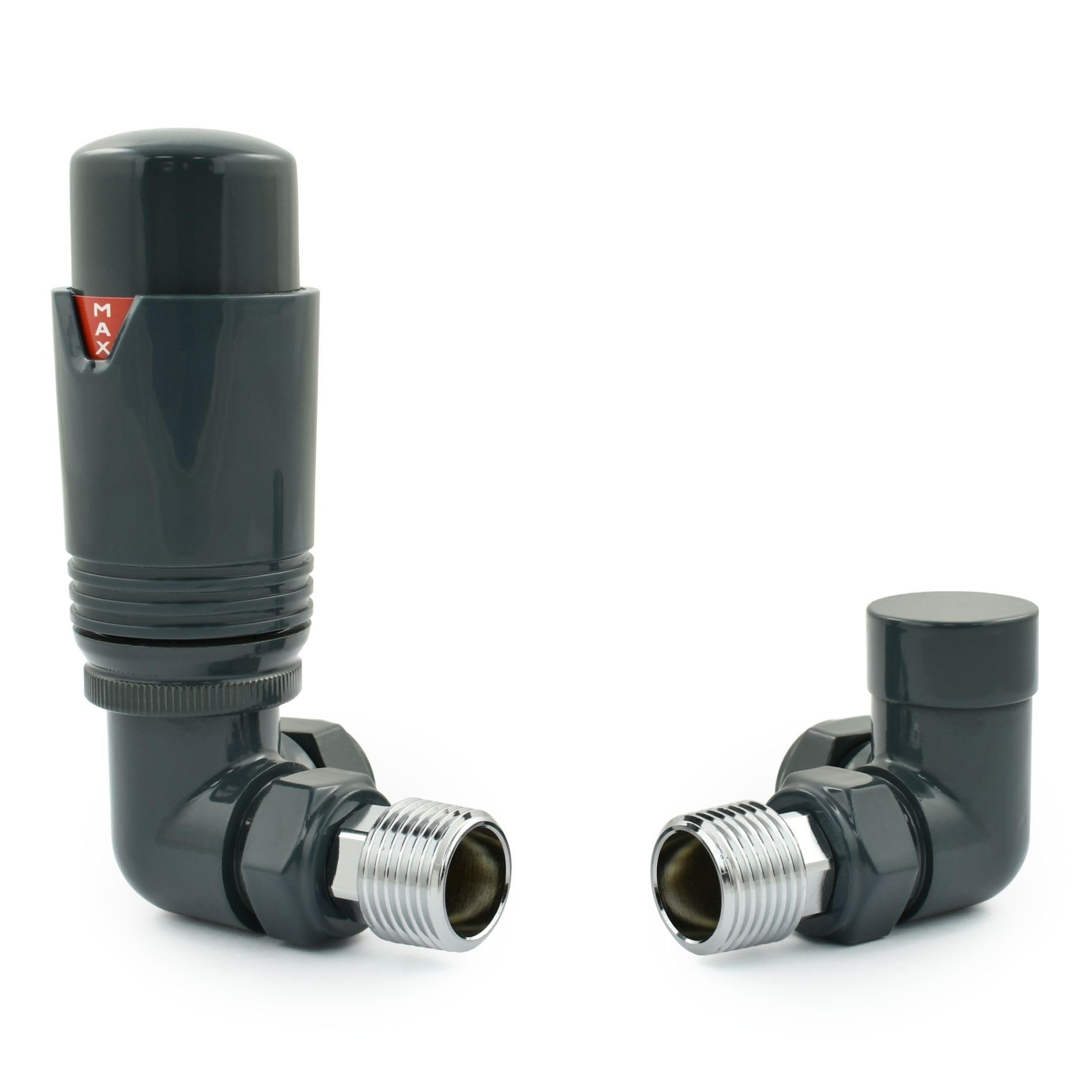 Hot Flow All-Anthracite Estuary Corner TRV Thermostatic Radiator Valve (Pair) Includes Corner TRV Body, Wheel Head & Lock Shield for Quick & Easy Temperature Control. Perfect for Energy Saving.